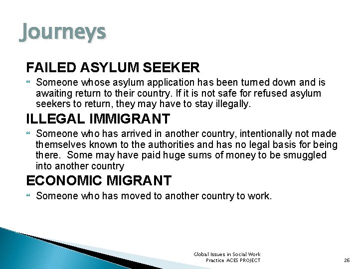 Journeys FAILED ASYLUM SEEKER Someone whose asylum application has been turned down and is