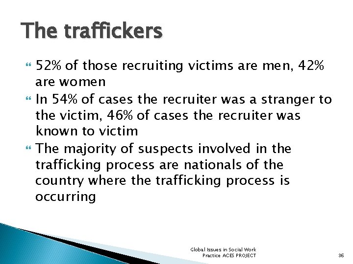 The traffickers 52% of those recruiting victims are men, 42% are women In 54%