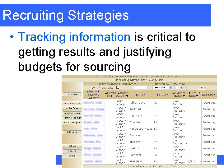 Recruiting Strategies • Tracking information is critical to getting results and justifying budgets for