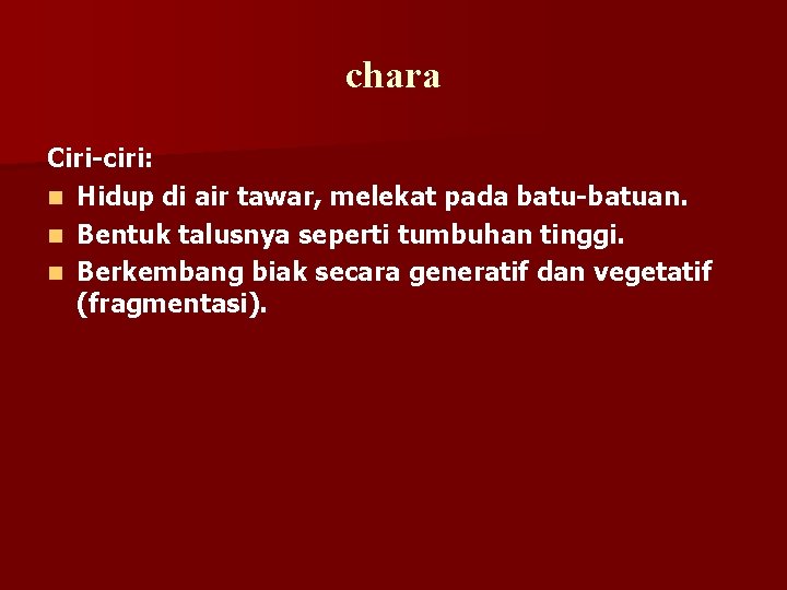 chara Ciri-ciri: n Hidup di air tawar, melekat pada batu-batuan. n Bentuk talusnya seperti