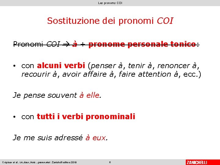 Les pronoms COI Sostituzione dei pronomi COI Pronomi COI à + pronome personale tonico: