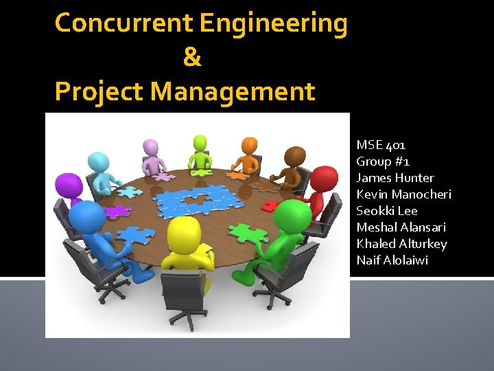 Concurrent Engineering & Project Management MSE 401 Group #1 James Hunter Kevin Manocheri Seokki
