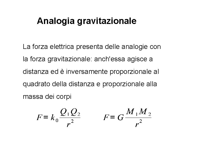 Analogia gravitazionale La forza elettrica presenta delle analogie con la forza gravitazionale: anch'essa agisce