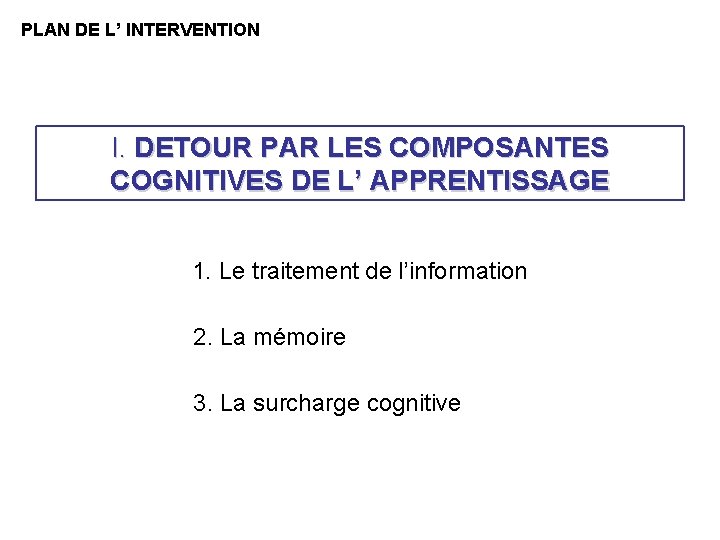 PLAN DE L’ INTERVENTION I. DETOUR PAR LES COMPOSANTES COGNITIVES DE L’ APPRENTISSAGE 1. PLAN DE L’ INTERVENTION I. DETOUR PAR LES COMPOSANTES COGNITIVES DE L’ APPRENTISSAGE 1.