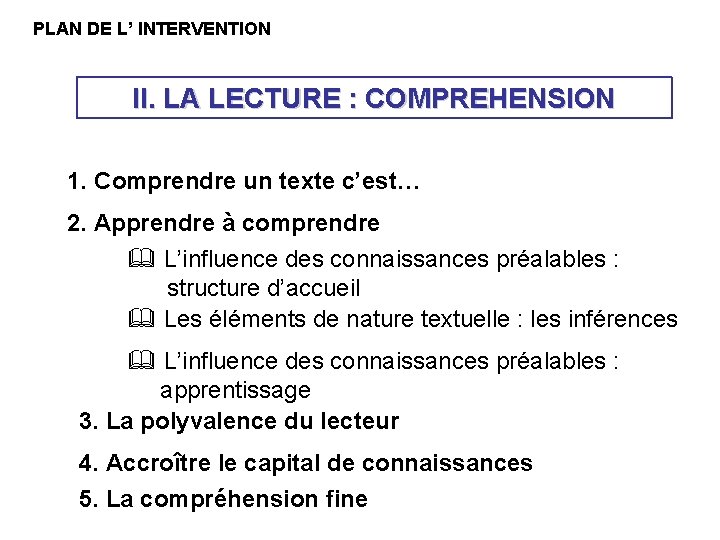 PLAN DE L’ INTERVENTION II. LA LECTURE : COMPREHENSION 1. Comprendre un texte c’est… PLAN DE L’ INTERVENTION II. LA LECTURE : COMPREHENSION 1. Comprendre un texte c’est…