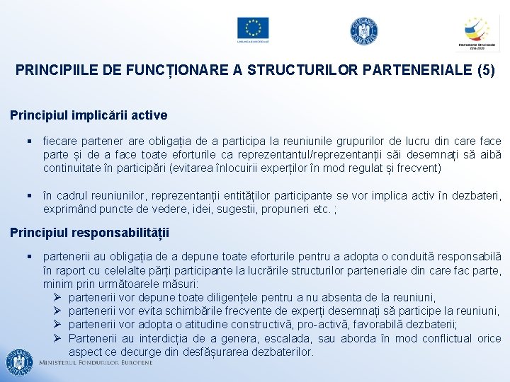 PRINCIPIILE DE FUNCȚIONARE A STRUCTURILOR PARTENERIALE (5) Principiul implicării active § fiecare partener are