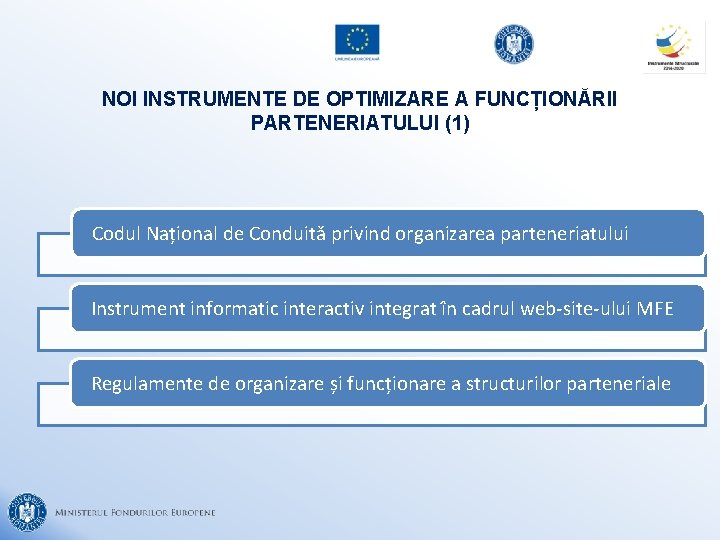 NOI INSTRUMENTE DE OPTIMIZARE A FUNCȚIONĂRII PARTENERIATULUI (1) Codul Național de Conduită privind organizarea