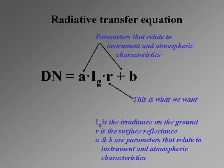 Radiative transfer equation Parameters that relate to instrument and atmospheric characteristics DN = a·Ig·r