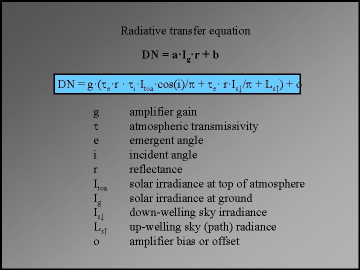 Radiative transfer equation DN = a·Ig·r + b DN = g·(te·r · ti·Itoa·cos(i)/p +