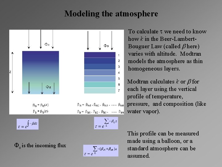 Modeling the atmosphere To calculate t we need to know how k in the