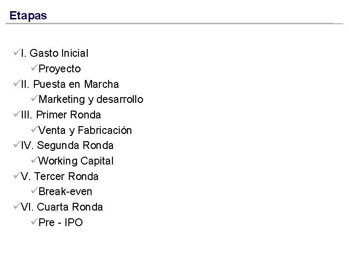 Etapas üI. Gasto Inicial üProyecto üII. Puesta en Marcha üMarketing y desarrollo üIII. Primer