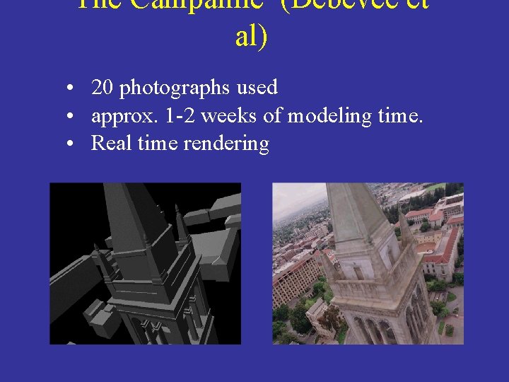 The Campanile (Debevec et al) • 20 photographs used • approx. 1 -2 weeks