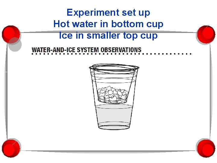 Experiment set up Hot water in bottom cup Ice in smaller top cup 