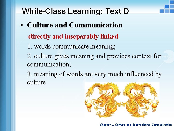 While-Class Learning: Text D • Culture and Communication directly and inseparably linked 1. words