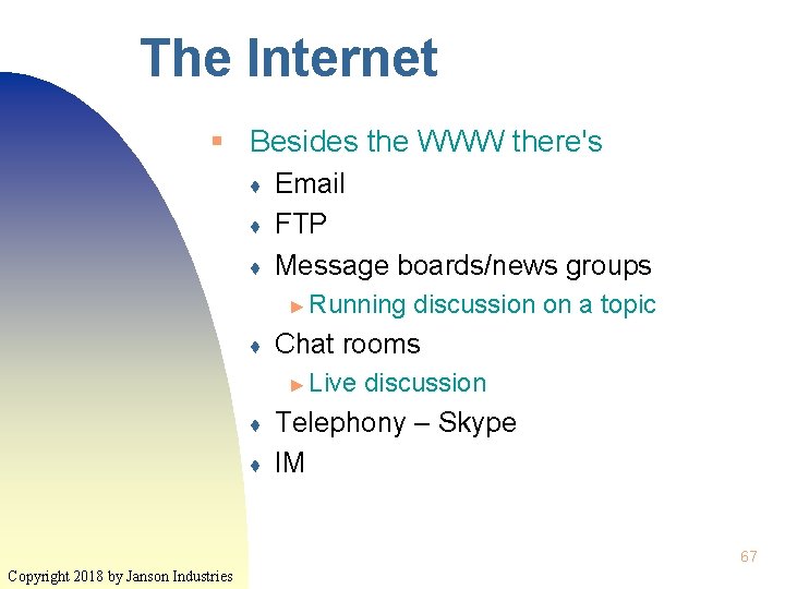 The Internet § Besides the WWW there's ♦ ♦ ♦ Email FTP Message boards/news