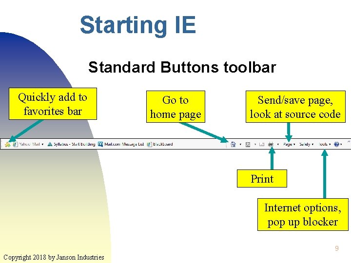 Starting IE Standard Buttons toolbar Quickly add to favorites bar Go to home page