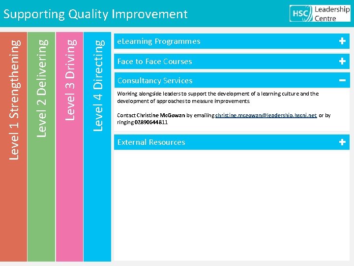 Level 4 Directing Level 3 Driving Level 2 Delivering Level 1 Strengthening Supporting Quality