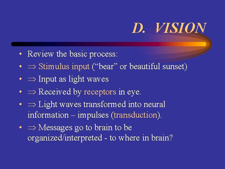 D. VISION • • • Review the basic process: Stimulus input (“bear” or beautiful