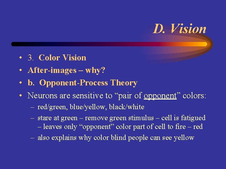 D. Vision • • 3. Color Vision After-images – why? b. Opponent-Process Theory Neurons