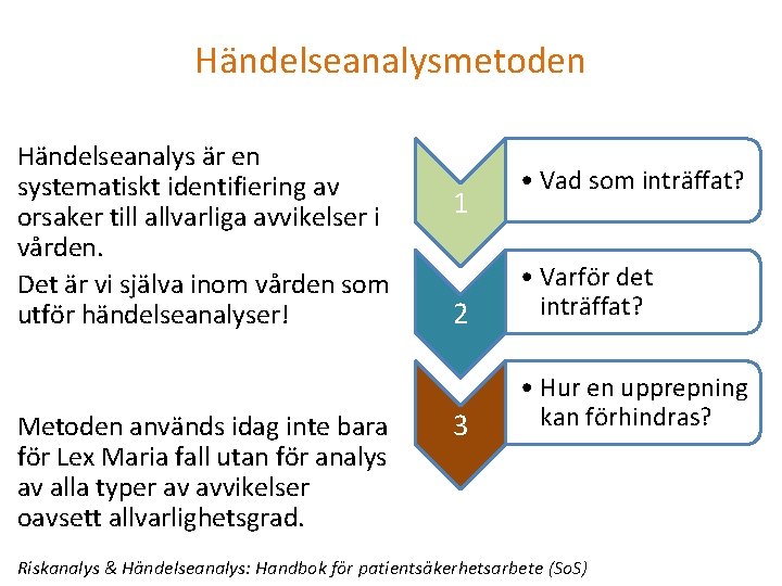 Händelseanalysmetoden Händelseanalys är en systematiskt identifiering av orsaker till allvarliga avvikelser i vården. Det