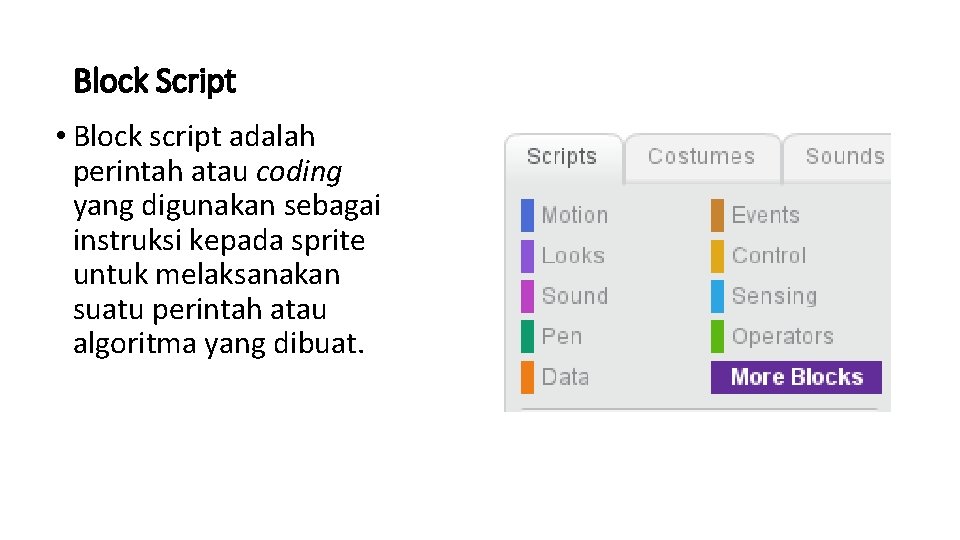 Block Script • Block script adalah perintah atau coding yang digunakan sebagai instruksi kepada