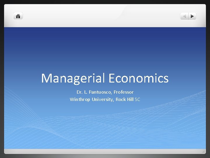 Managerial Economics Dr. L. Pantuosco, Professor Winthrop University, Rock Hill SC 