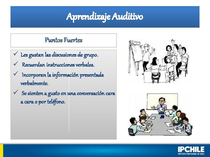 Aprendizaje Auditivo Puntos Fuertes ü Les gustan las discusiones de grupo. ü Recuerdan instrucciones Aprendizaje Auditivo Puntos Fuertes ü Les gustan las discusiones de grupo. ü Recuerdan instrucciones