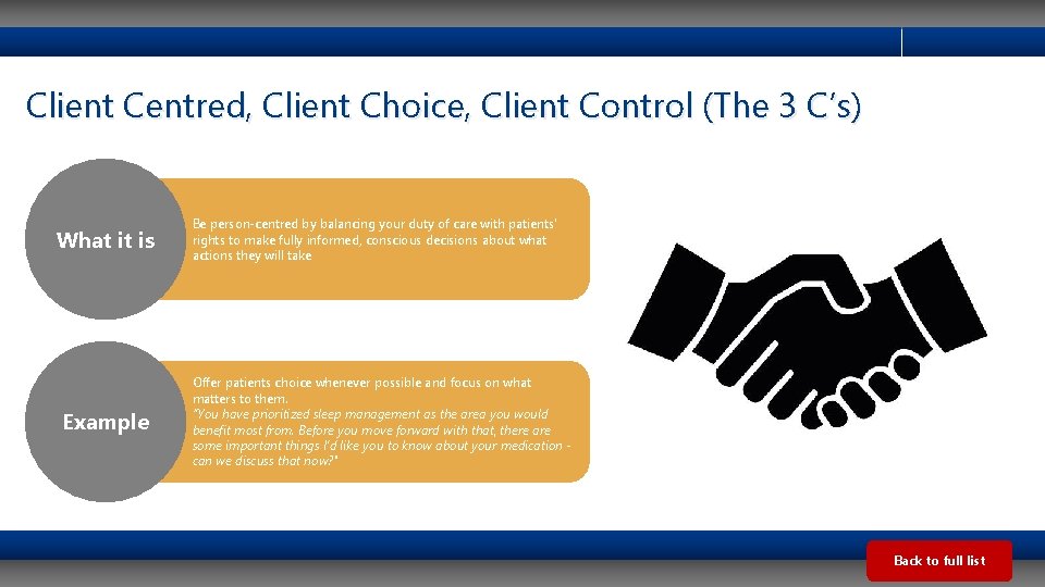 Client Centred, Client Choice, Client Control (The 3 C’s) What it is Example Be