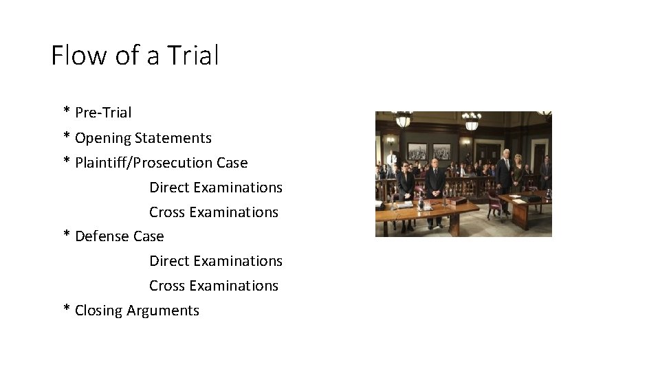 Flow of a Trial * Pre-Trial * Opening Statements * Plaintiff/Prosecution Case Direct Examinations Flow of a Trial * Pre-Trial * Opening Statements * Plaintiff/Prosecution Case Direct Examinations