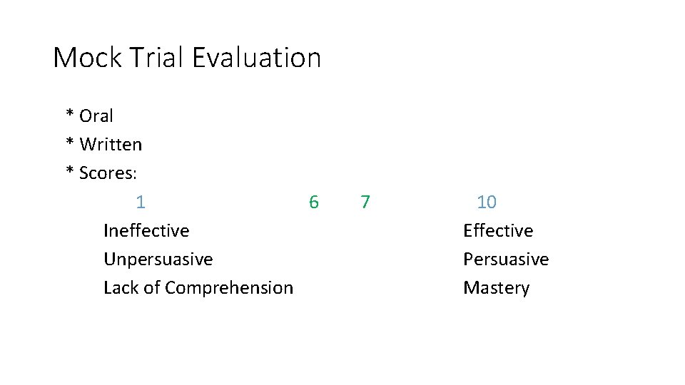 Mock Trial Evaluation * Oral * Written * Scores: 1 6 Ineffective Unpersuasive Lack Mock Trial Evaluation * Oral * Written * Scores: 1 6 Ineffective Unpersuasive Lack