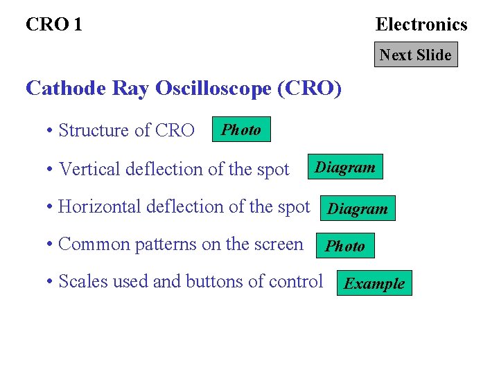 CRO 1 Electronics Next Slide Cathode Ray Oscilloscope (CRO) • Structure of CRO Photo
