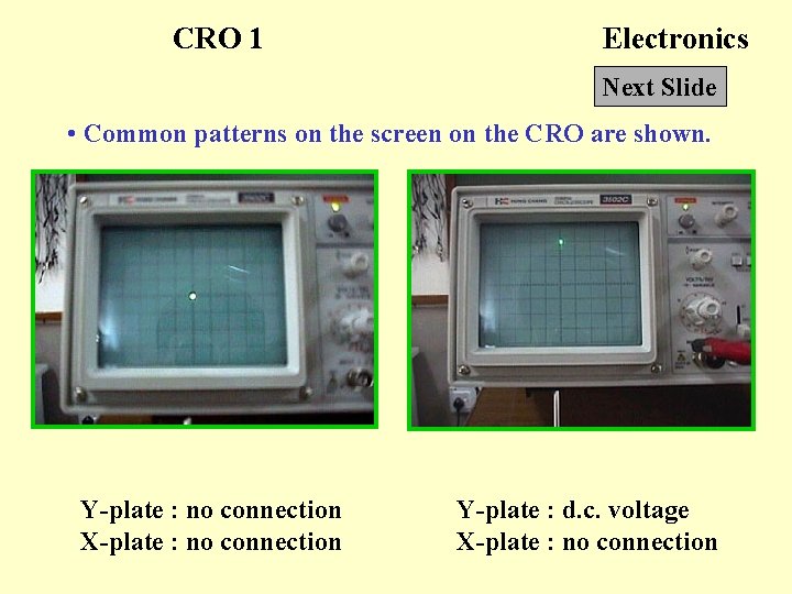 CRO 1 Electronics Next Slide • Common patterns on the screen on the CRO