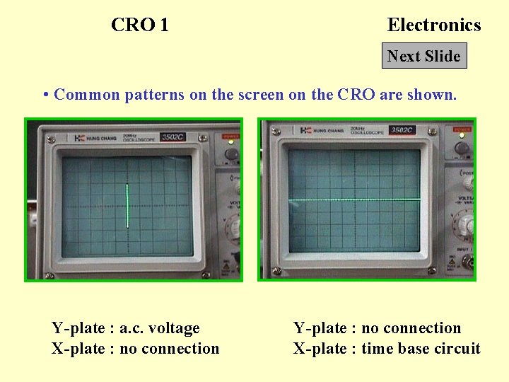 CRO 1 Electronics Next Slide • Common patterns on the screen on the CRO