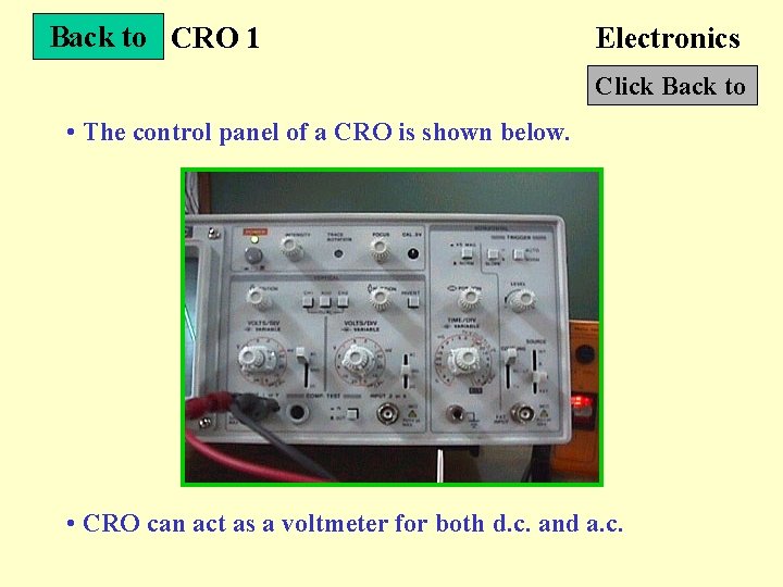 Back to CRO 1 Electronics Click Back to • The control panel of a