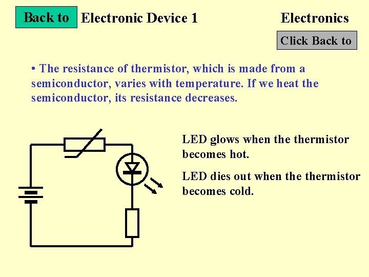 Back to Electronic Device 1 Electronics Click Back to • The resistance of thermistor,