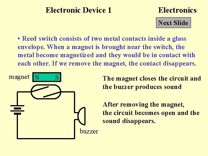 Electronic Device 1 Electronics Next Slide • Reed switch consists of two metal contacts
