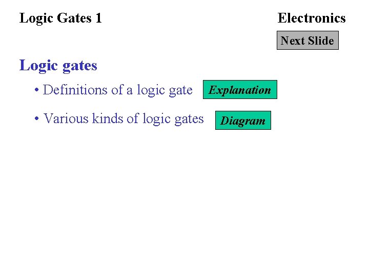 Logic Gates 1 Electronics Next Slide Logic gates • Definitions of a logic gate