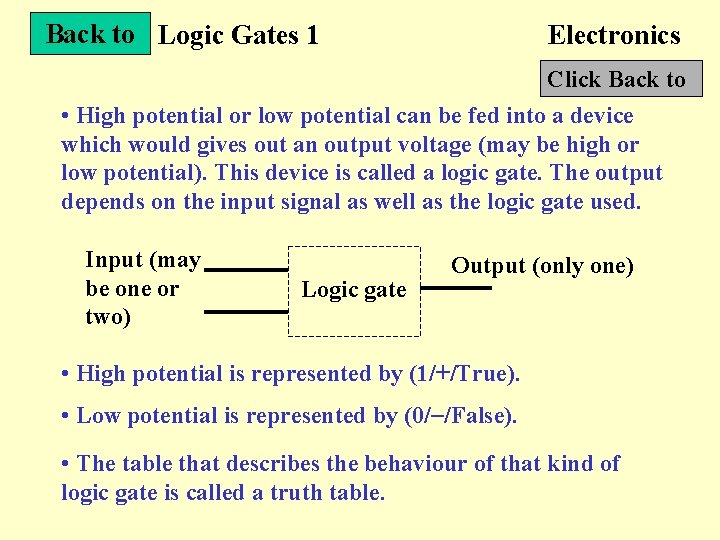 Back to Logic Gates 1 Electronics Click Back to • High potential or low