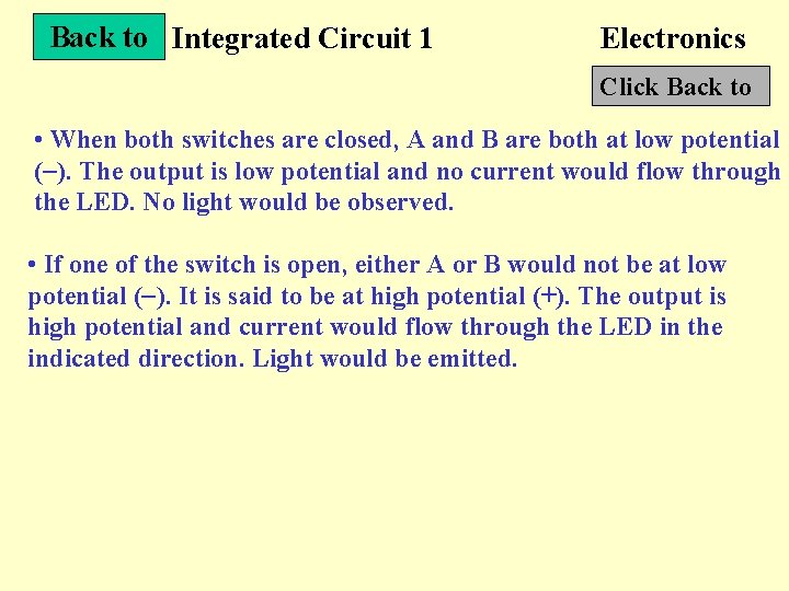 Back to Integrated Circuit 1 Electronics Click Back to • When both switches are