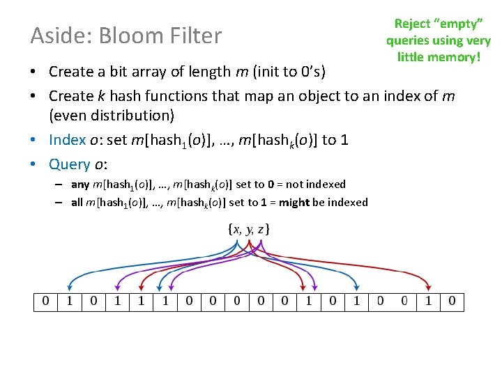 Aside: Bloom Filter Reject “empty” queries using very little memory! • Create a bit