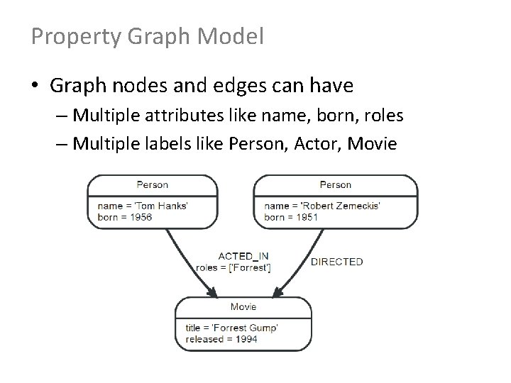 Property Graph Model • Graph nodes and edges can have – Multiple attributes like