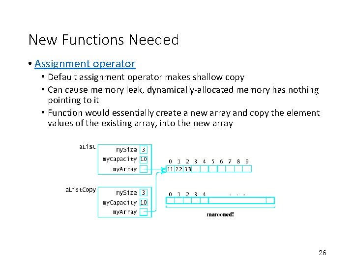 New Functions Needed • Assignment operator • Default assignment operator makes shallow copy •