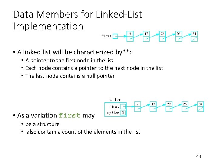 Data Members for Linked-List Implementation • A linked list will be characterized by**: •