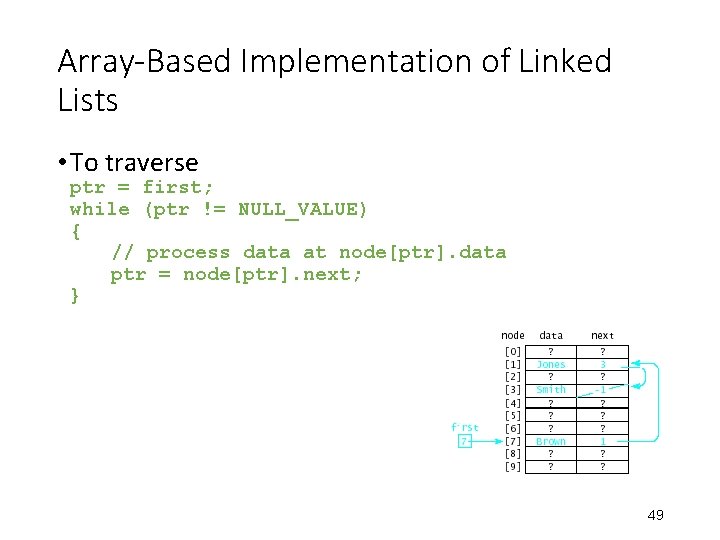 Array-Based Implementation of Linked Lists • To traverse ptr = first; while (ptr !=