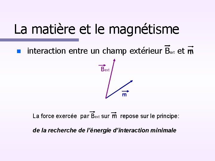 La matière et le magnétisme interaction entre un champ extérieur Bext et m Bext