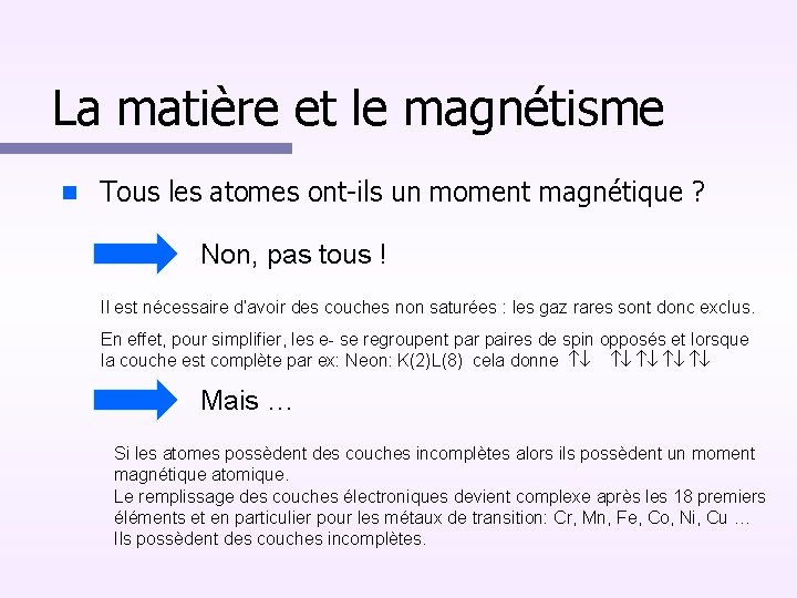 La matière et le magnétisme Tous les atomes ont-ils un moment magnétique ? Non,