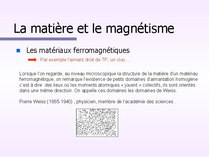 La matière et le magnétisme Les matériaux ferromagnétiques Par exemple l’aimant droit de TP,