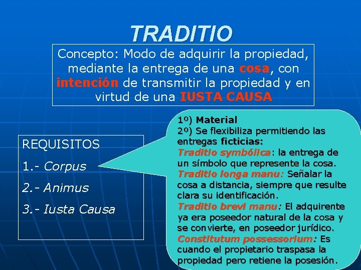 TRADITIO Concepto: Modo de adquirir la propiedad, mediante la entrega de una cosa, con TRADITIO Concepto: Modo de adquirir la propiedad, mediante la entrega de una cosa, con