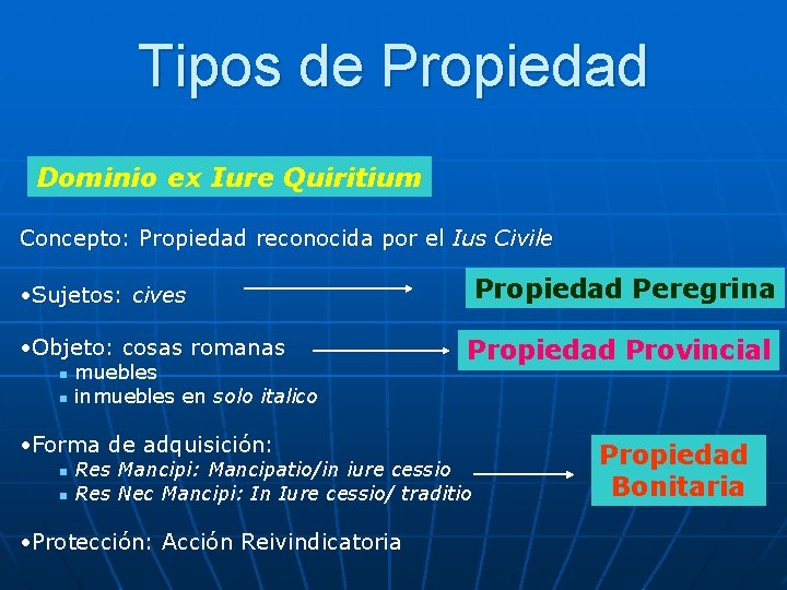 Tipos de Propiedad Dominio ex Iure Quiritium Concepto: Propiedad reconocida por el Ius Civile Tipos de Propiedad Dominio ex Iure Quiritium Concepto: Propiedad reconocida por el Ius Civile