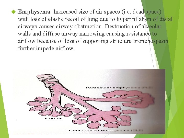  Emphysema. Increased size of air spaces (i. e. dead space) with loss of